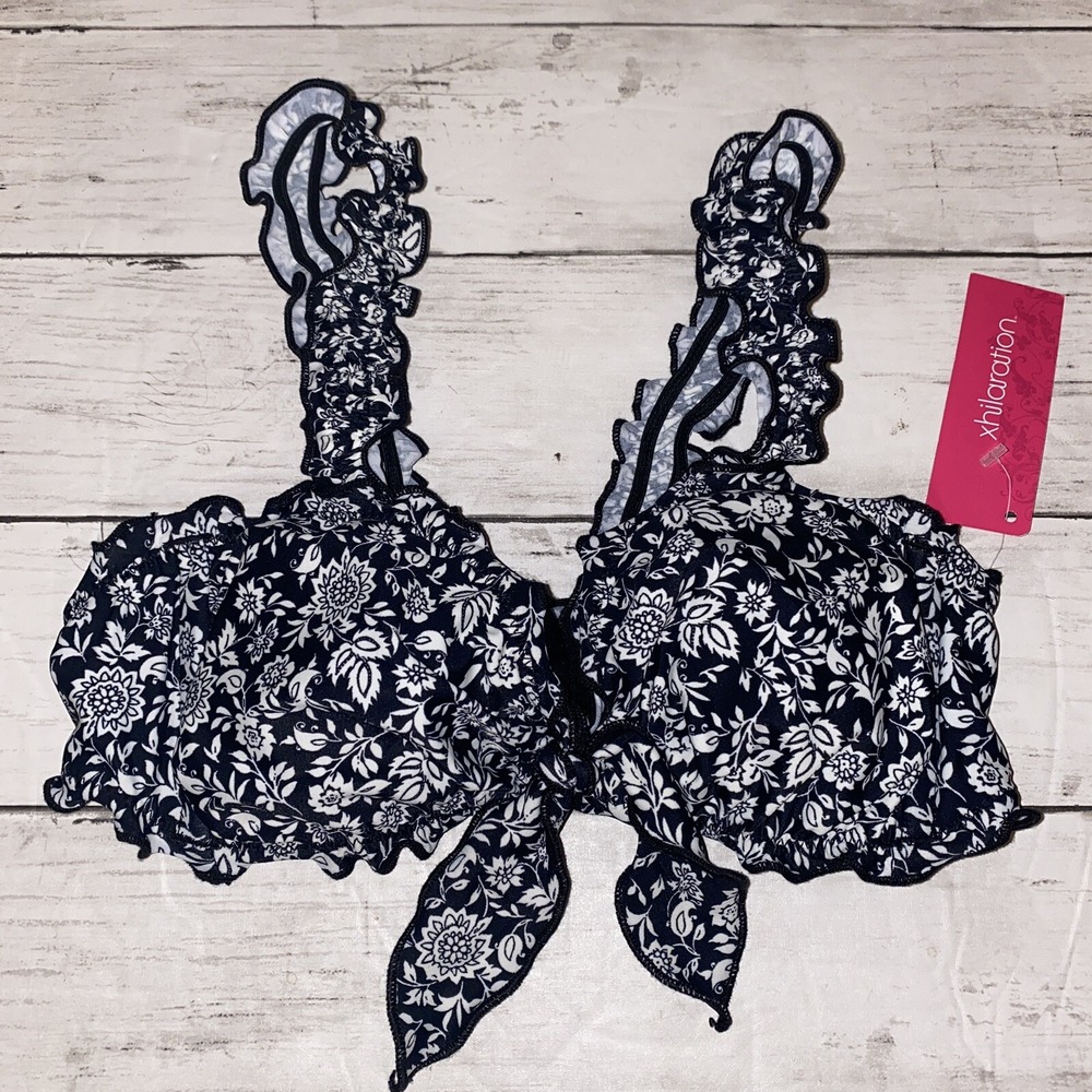Xhilaration Bikini Top Womens Small Black White‎ Floral Swim Lettuce Tie Front S